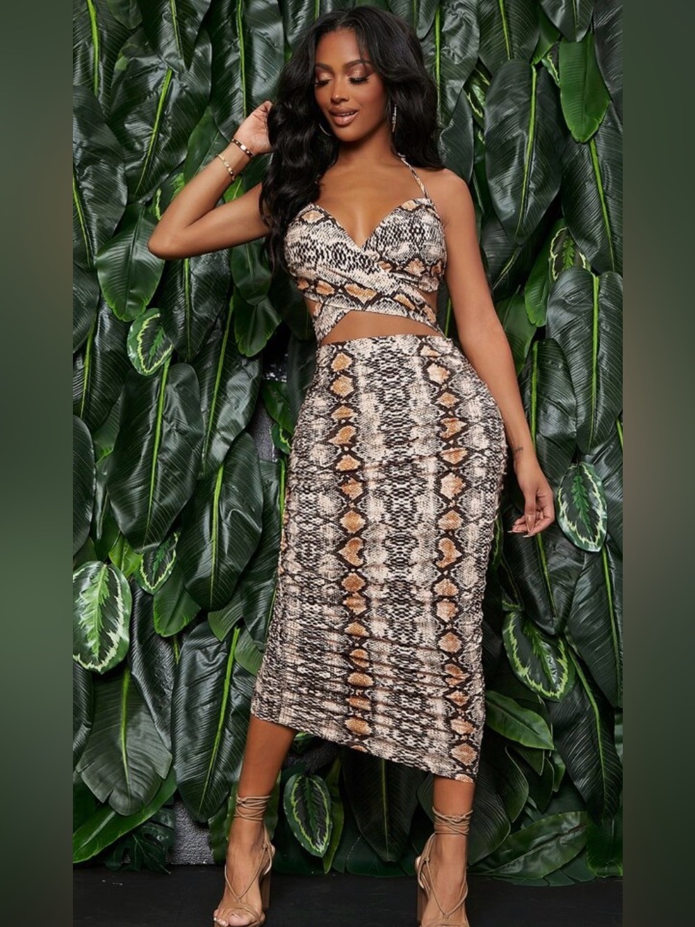 SHEIN Snake Print Midi Dress in Beige and Black